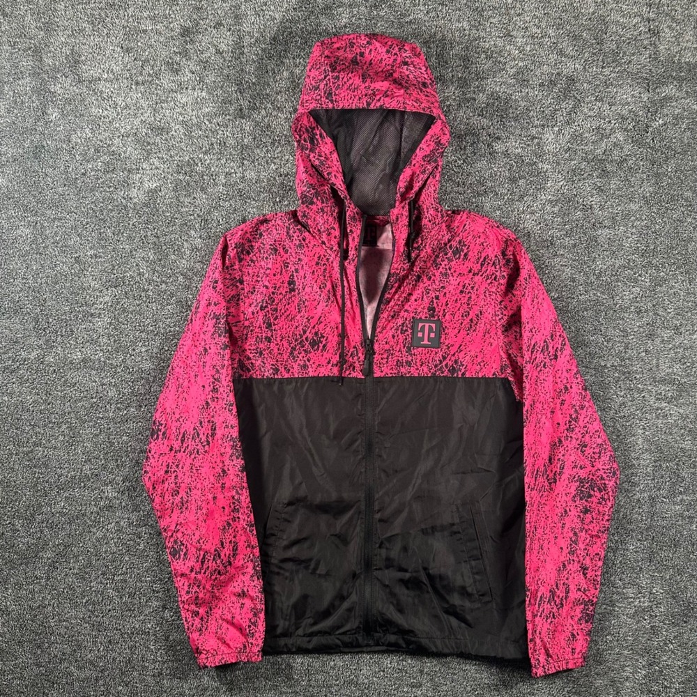 T-Mobile Windbreaker Women S Pink Black Splatter Print Hooded Zip Jacket Swag